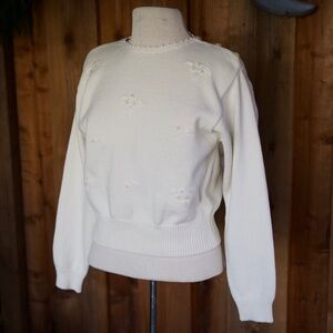Vintage Liz Claiborne 100% Cotton White Knit Pearl Crewneck Sweater Woman's PS